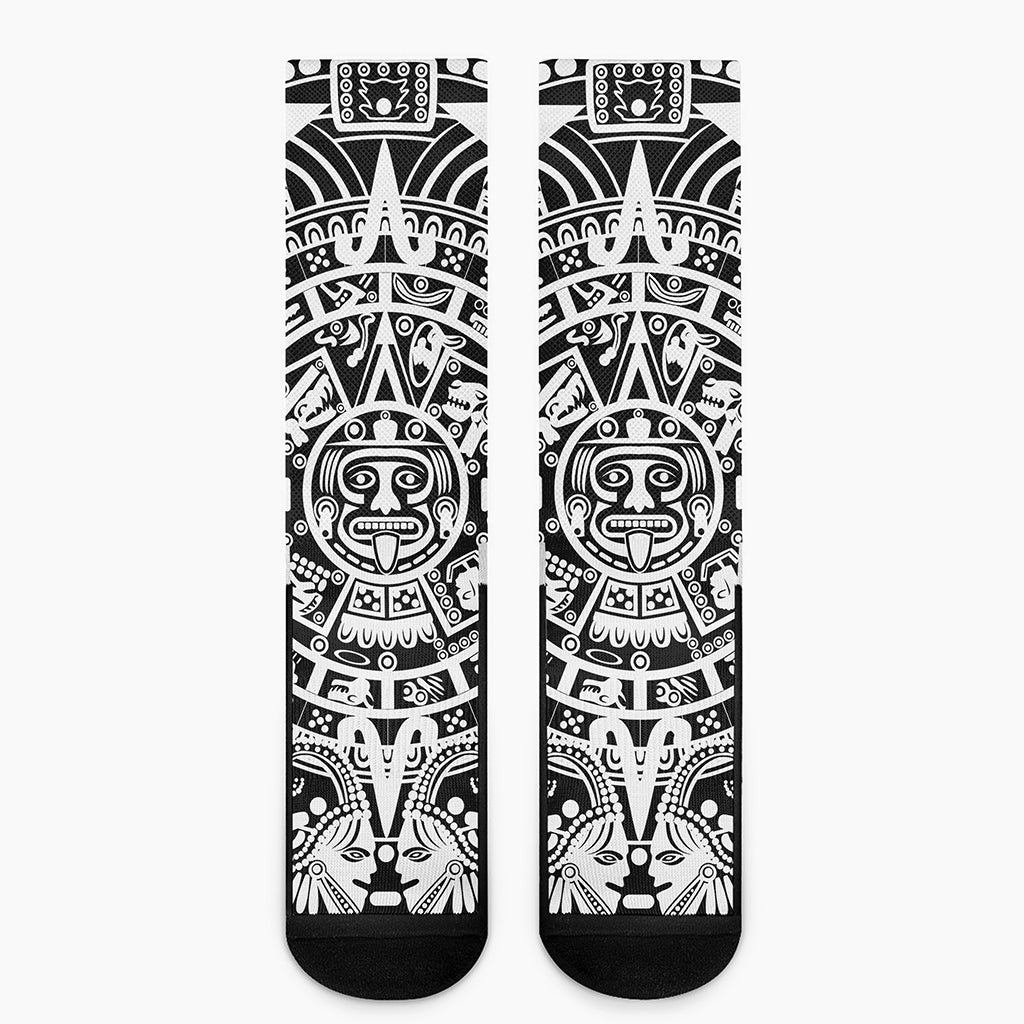 White And Black Maya Calendar Print Crew Socks