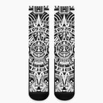 White And Black Maya Calendar Print Crew Socks