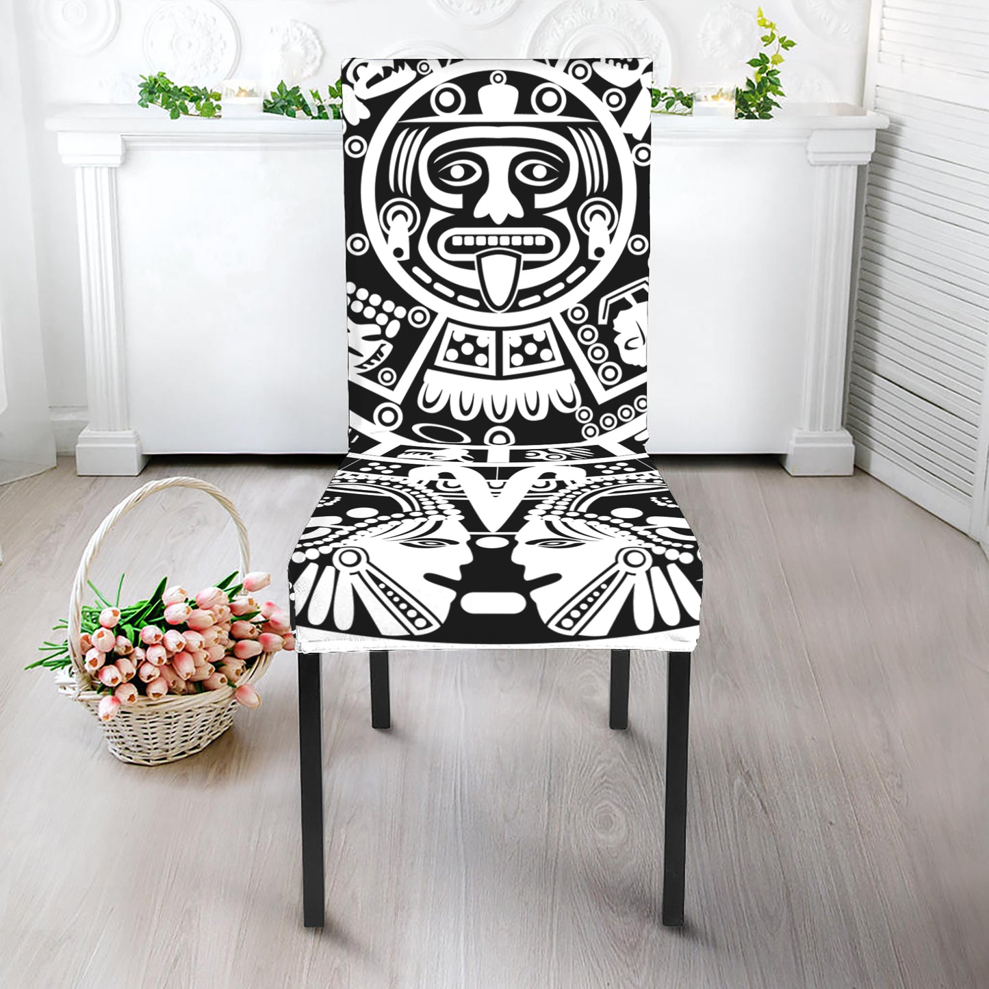 White And Black Maya Calendar Print Dining Chair Slipcover