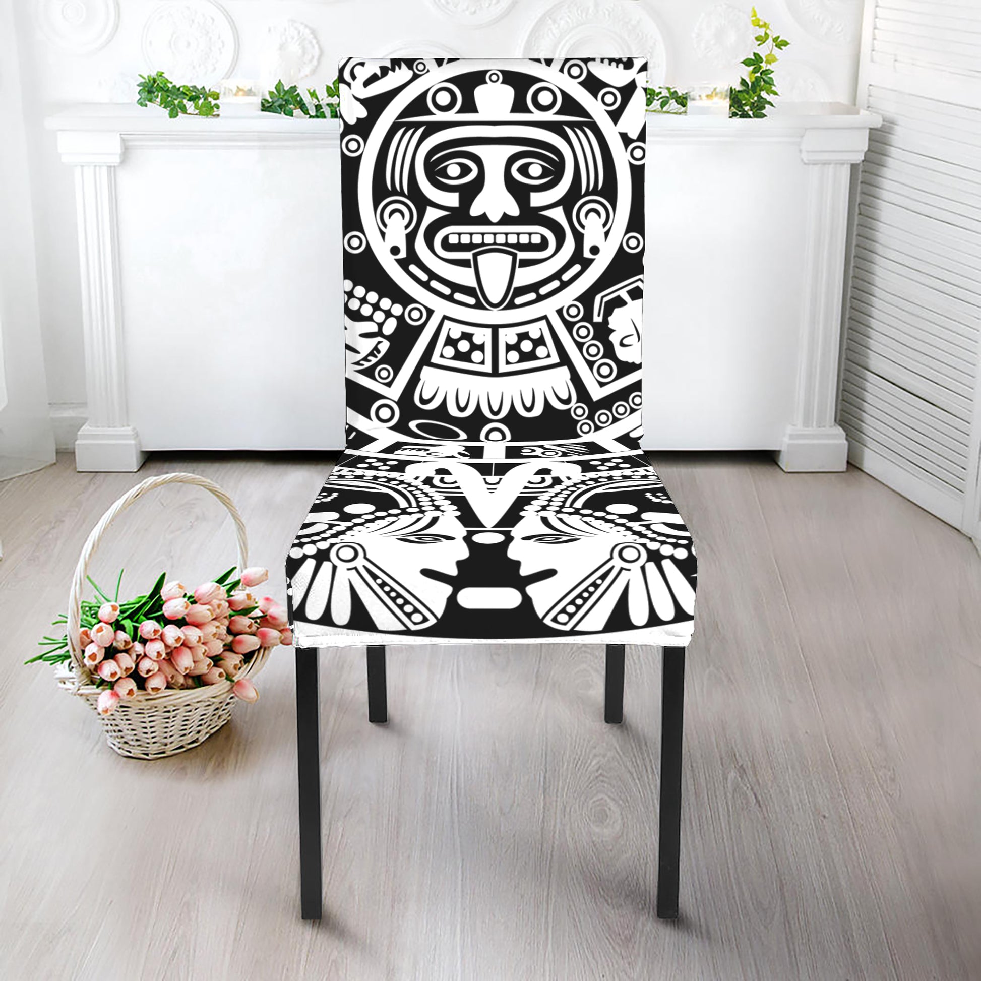 White And Black Maya Calendar Print Dining Chair Slipcover