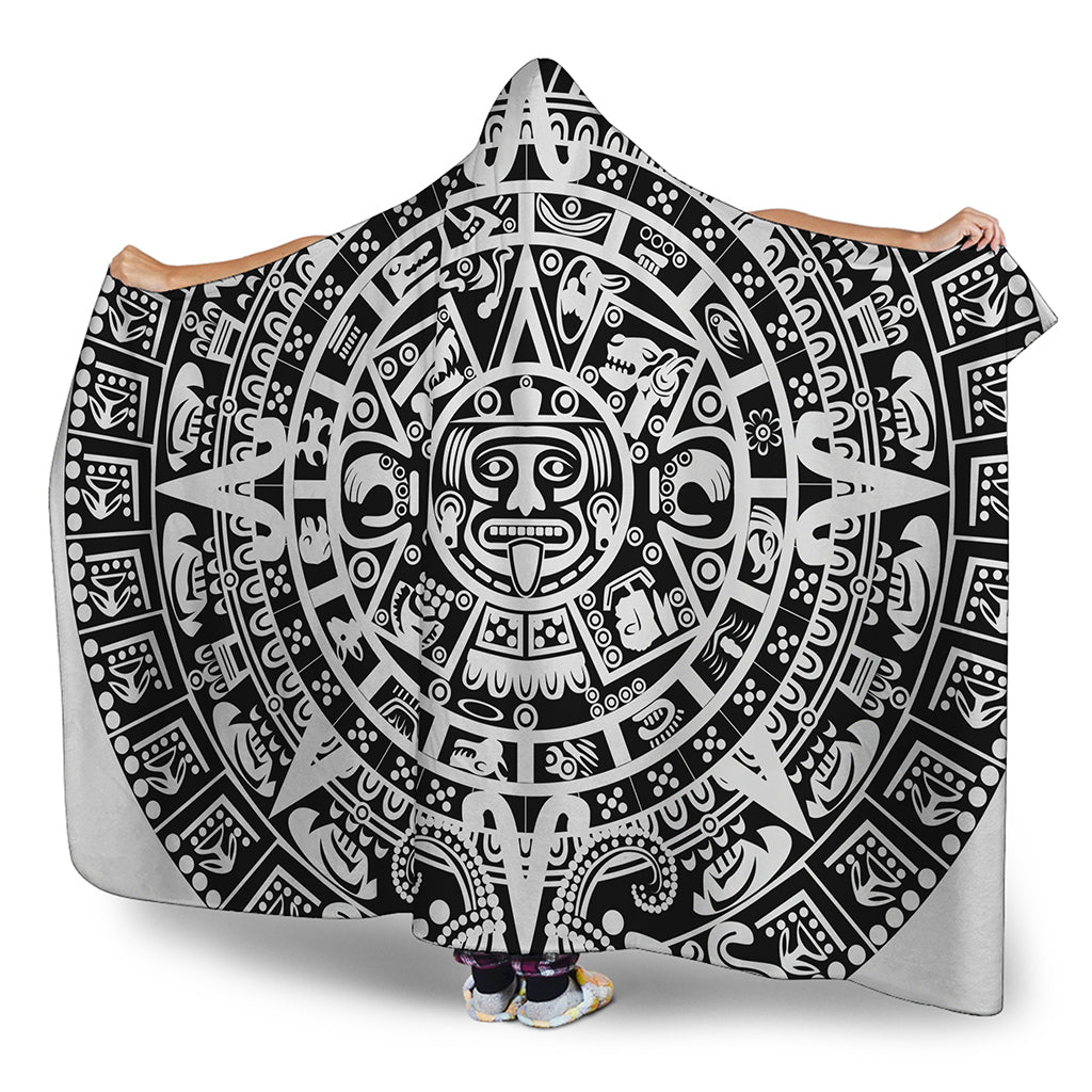 White And Black Maya Calendar Print Hooded Blanket