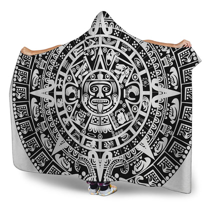 White And Black Maya Calendar Print Hooded Blanket