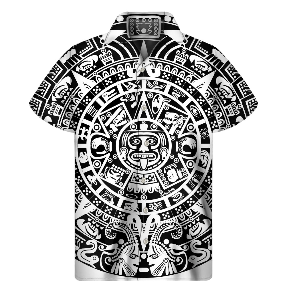 White And Black Maya Calendar Print Men's Short Sleeve Shirt