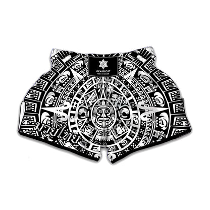 White And Black Maya Calendar Print Muay Thai Boxing Shorts
