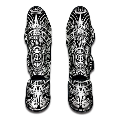 White And Black Maya Calendar Print Muay Thai Shin Guard