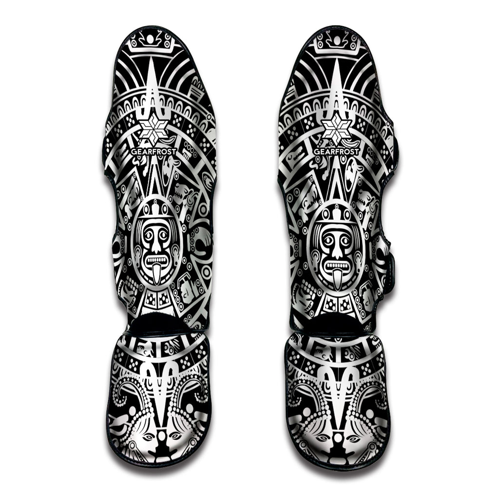 White And Black Maya Calendar Print Muay Thai Shin Guard