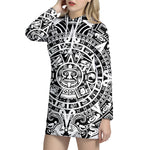 White And Black Maya Calendar Print Pullover Hoodie Dress