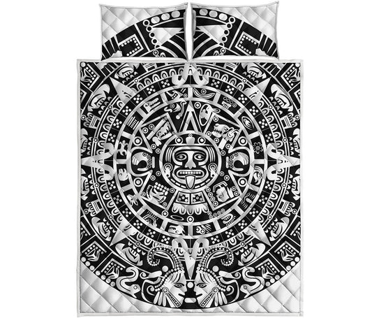 White And Black Maya Calendar Print Quilt Bed Set