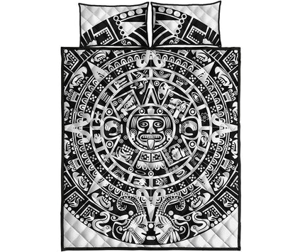 White And Black Maya Calendar Print Quilt Bed Set