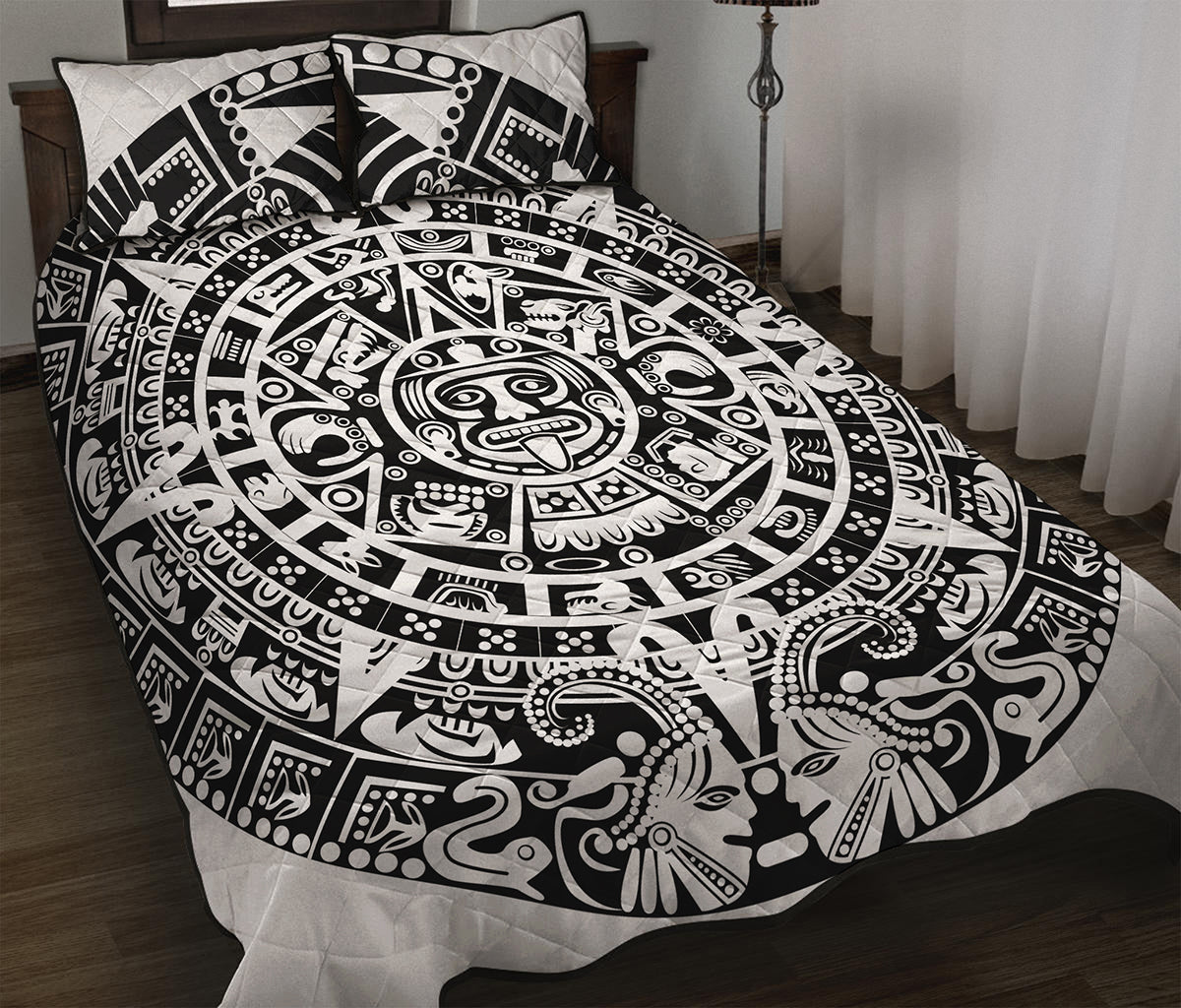 White And Black Maya Calendar Print Quilt Bed Set