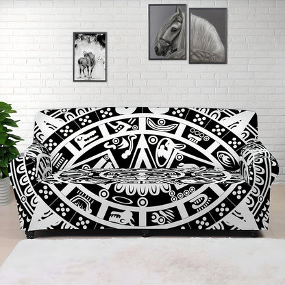 White And Black Maya Calendar Print Sofa Cover