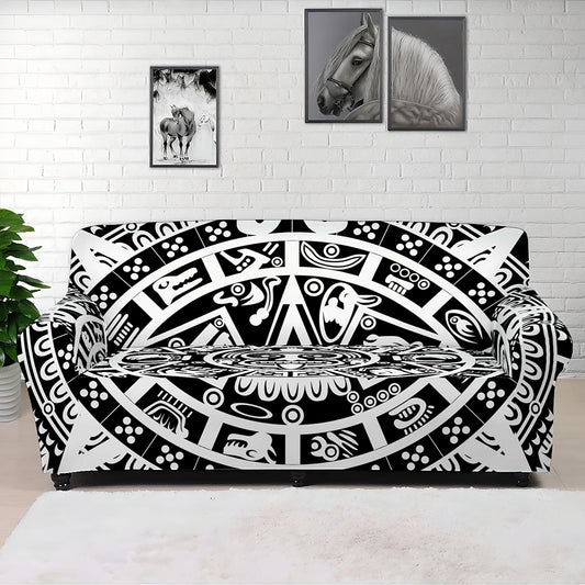 White And Black Maya Calendar Print Sofa Cover