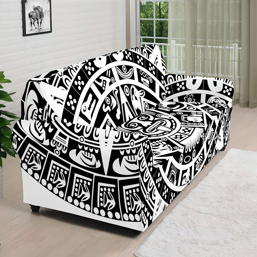 White And Black Maya Calendar Print Sofa Cover
