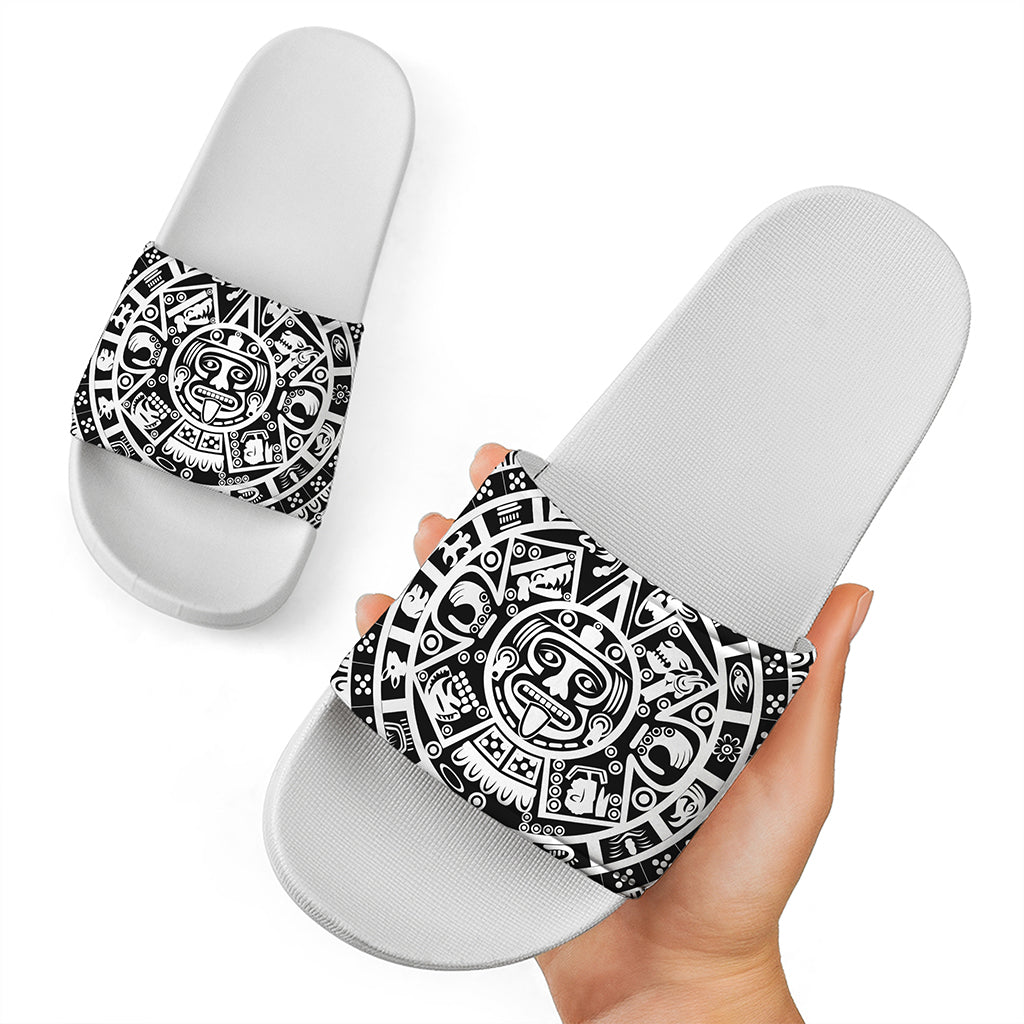 White And Black Maya Calendar Print White Slide Sandals