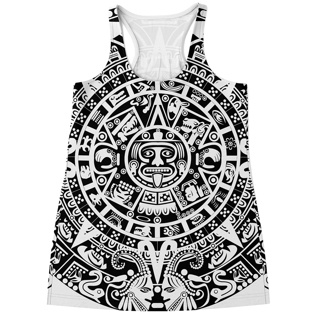 White And Black Maya Calendar Print Women's Racerback Tank Top