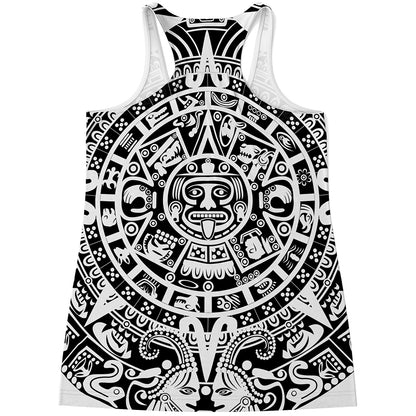 White And Black Maya Calendar Print Women's Racerback Tank Top