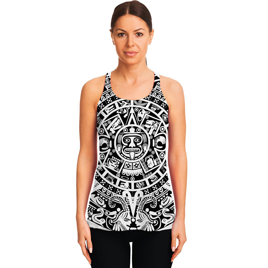 White And Black Maya Calendar Print Women's Racerback Tank Top