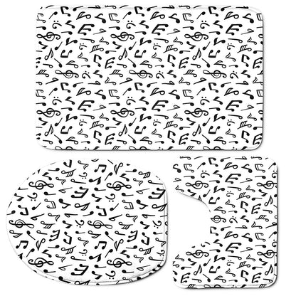 White And Black Music Note Pattern Print 3 Piece Bath Mat Set