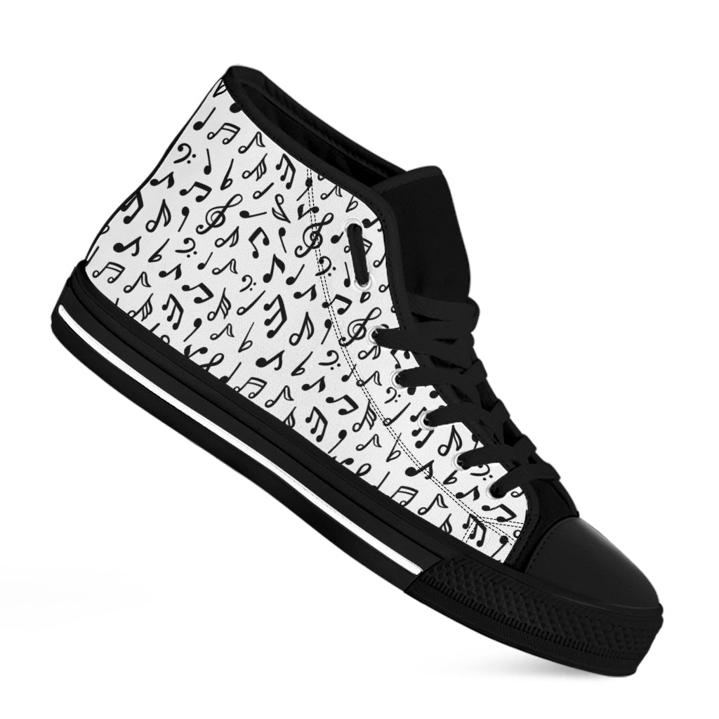 White And Black Music Note Pattern Print Black High Top Shoes