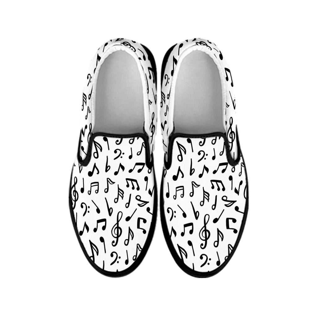 White And Black Music Note Pattern Print Black Slip On Shoes