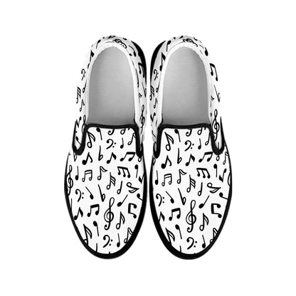 White And Black Music Note Pattern Print Black Slip On Shoes