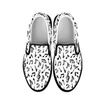 White And Black Music Note Pattern Print Black Slip On Shoes