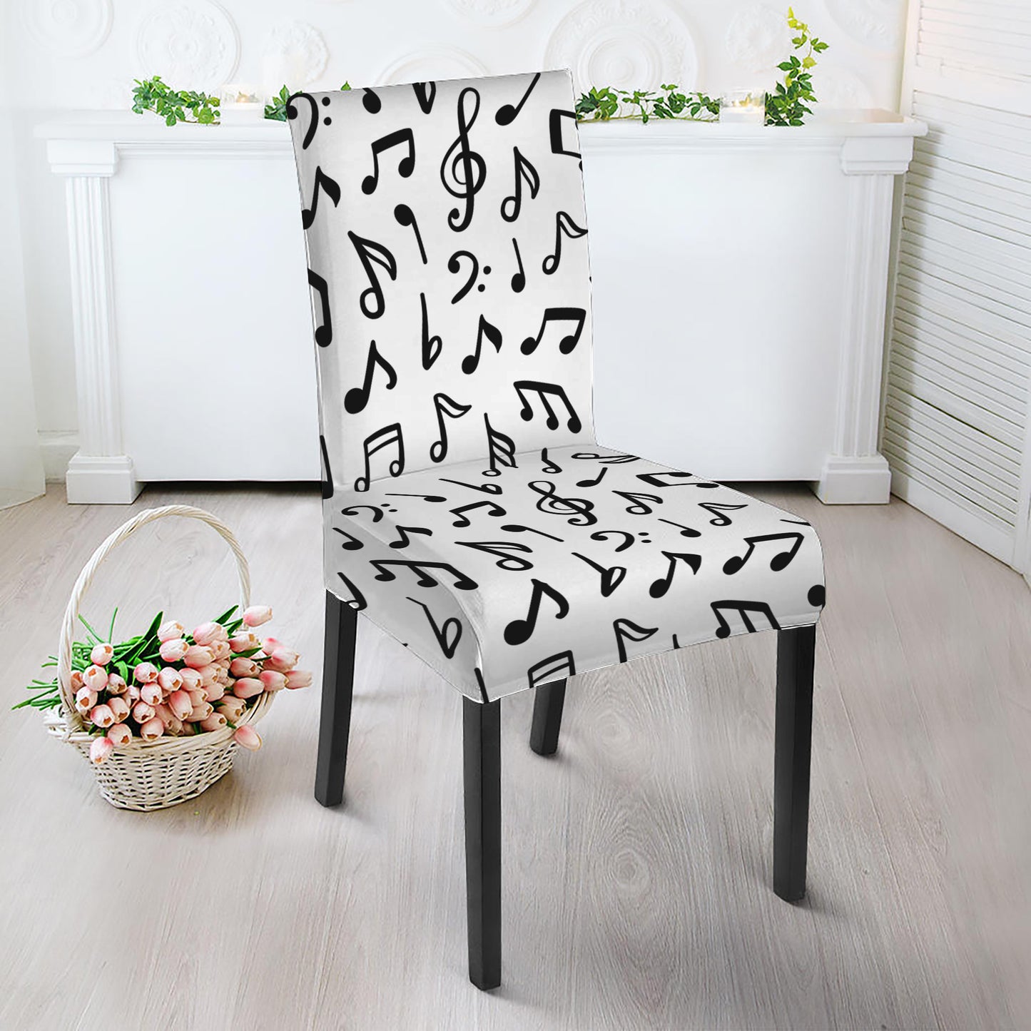 White And Black Music Note Pattern Print Dining Chair Slipcover