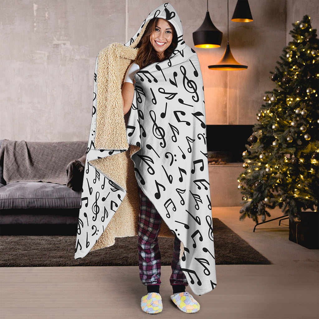 White And Black Music Note Pattern Print Hooded Blanket