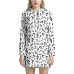 White And Black Music Note Pattern Print Hoodie Dress
