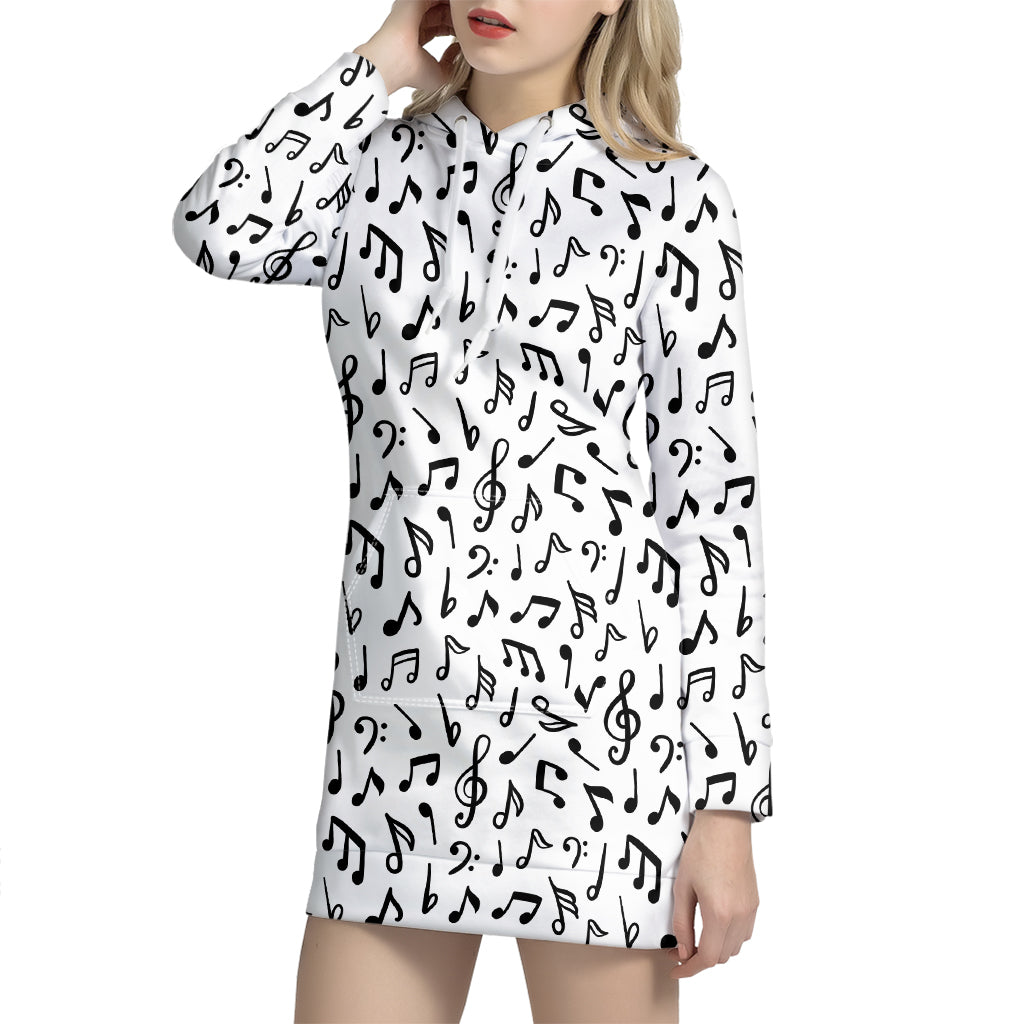 White And Black Music Note Pattern Print Hoodie Dress
