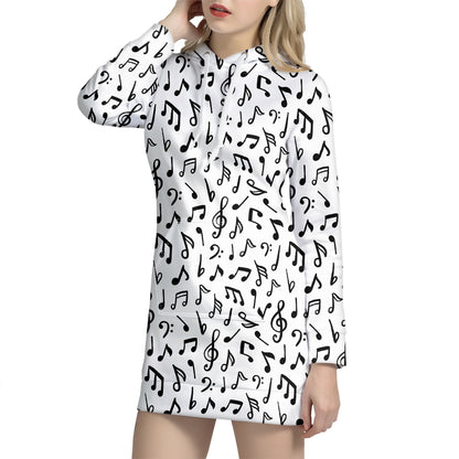 White And Black Music Note Pattern Print Hoodie Dress