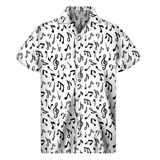 White And Black Music Note Pattern Print Men's Short Sleeve Shirt