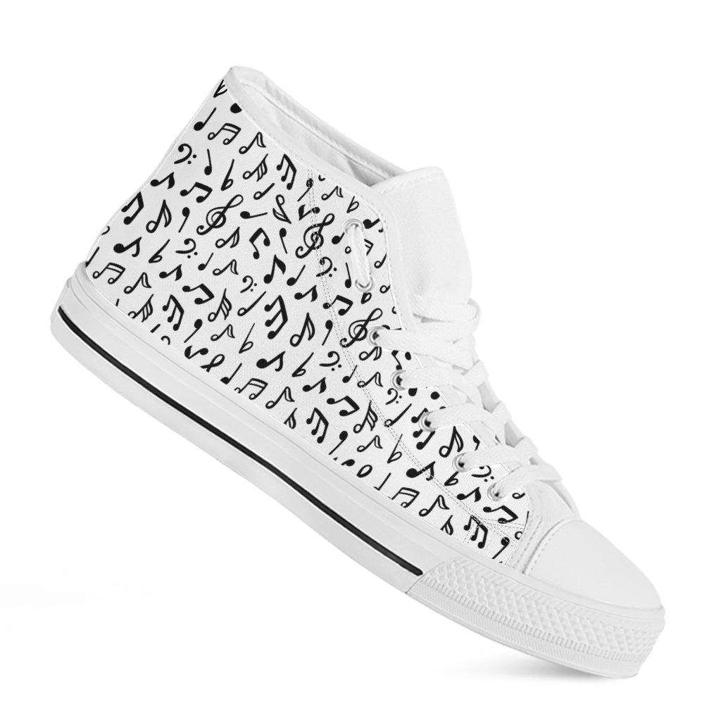 White And Black Music Note Pattern Print White High Top Shoes