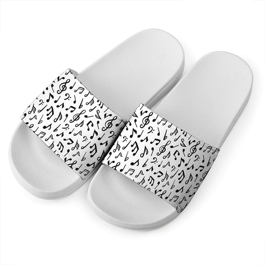 White And Black Music Note Pattern Print White Slide Sandals
