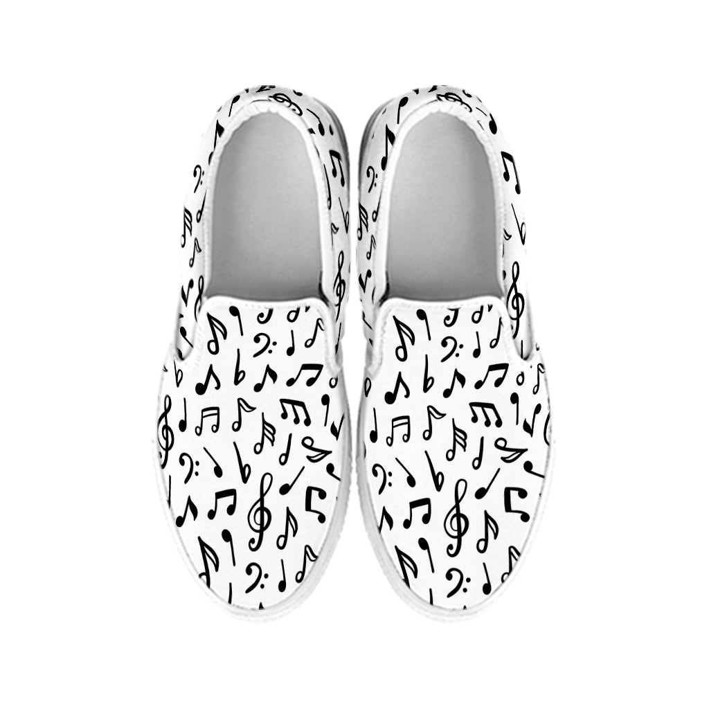 White And Black Music Note Pattern Print White Slip On Shoes