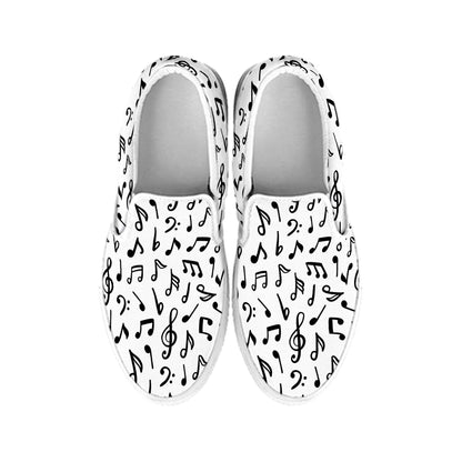White And Black Music Note Pattern Print White Slip On Shoes
