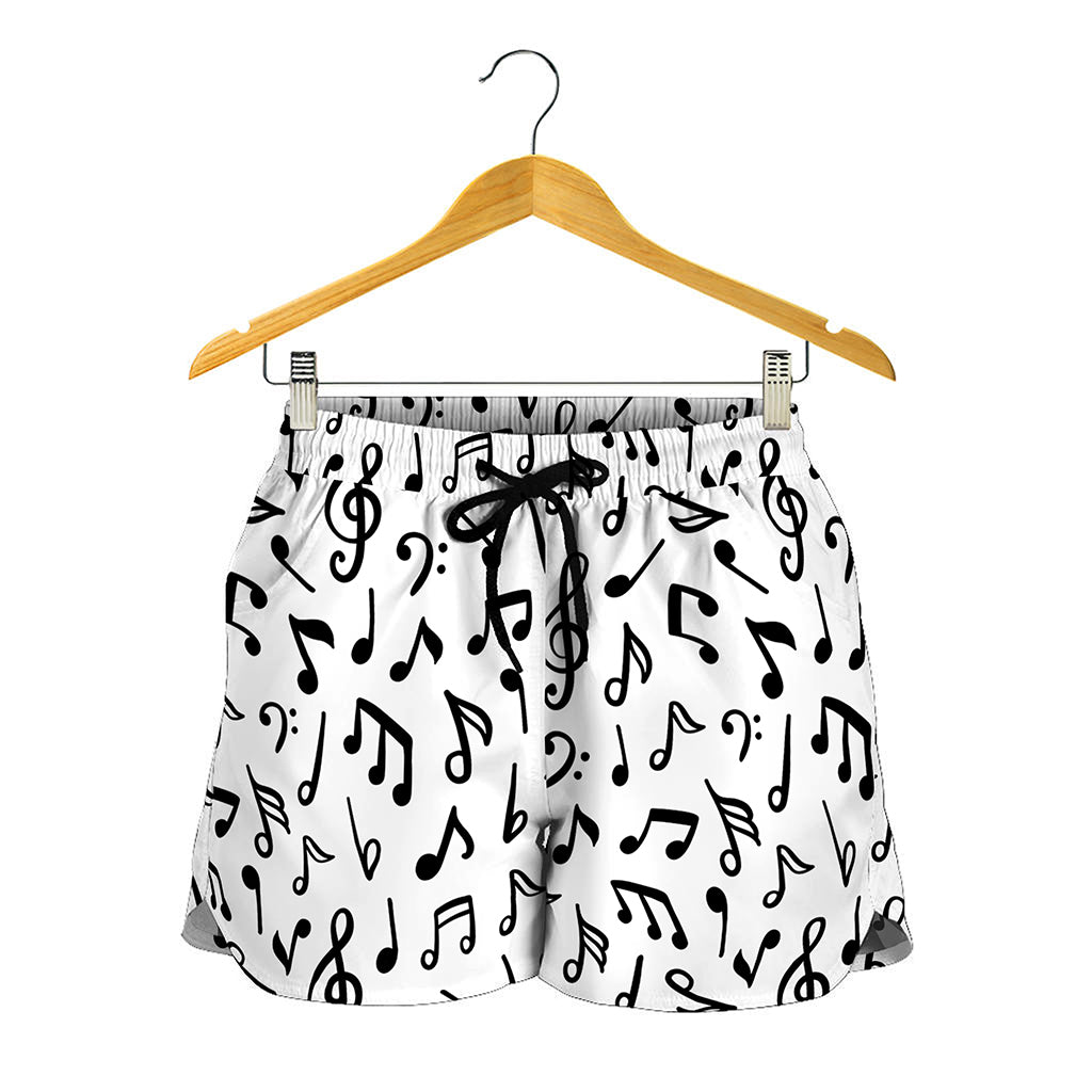 White And Black Music Note Pattern Print Women's Shorts