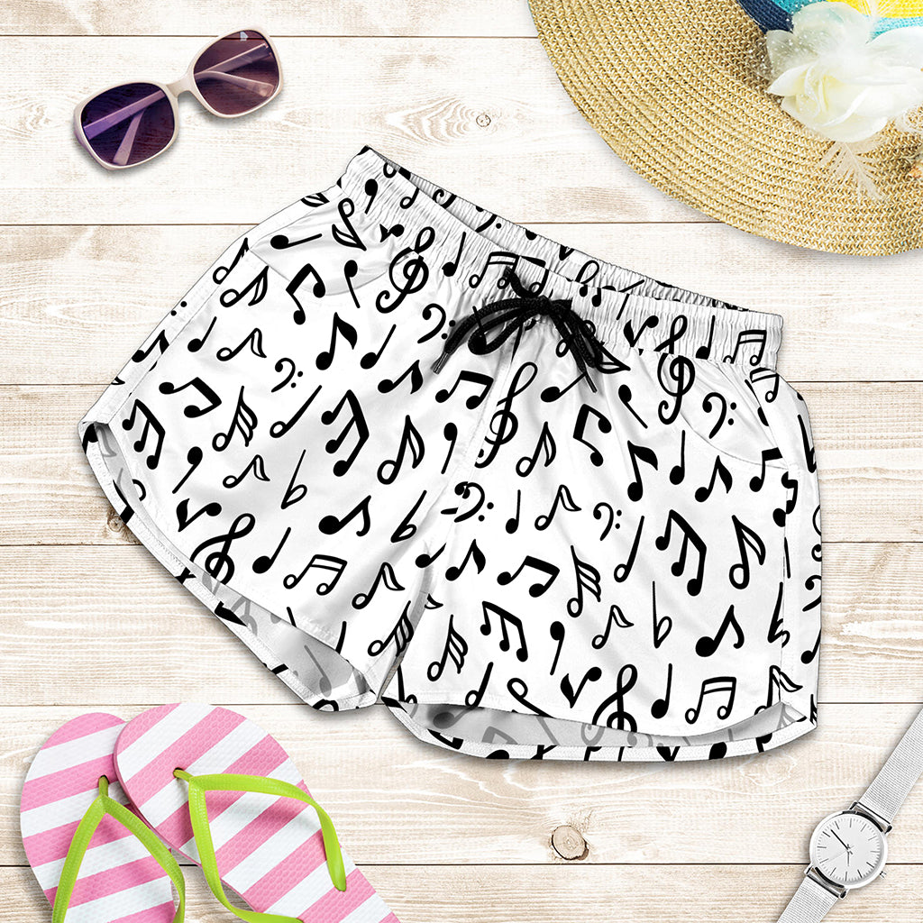 White And Black Music Note Pattern Print Women's Shorts