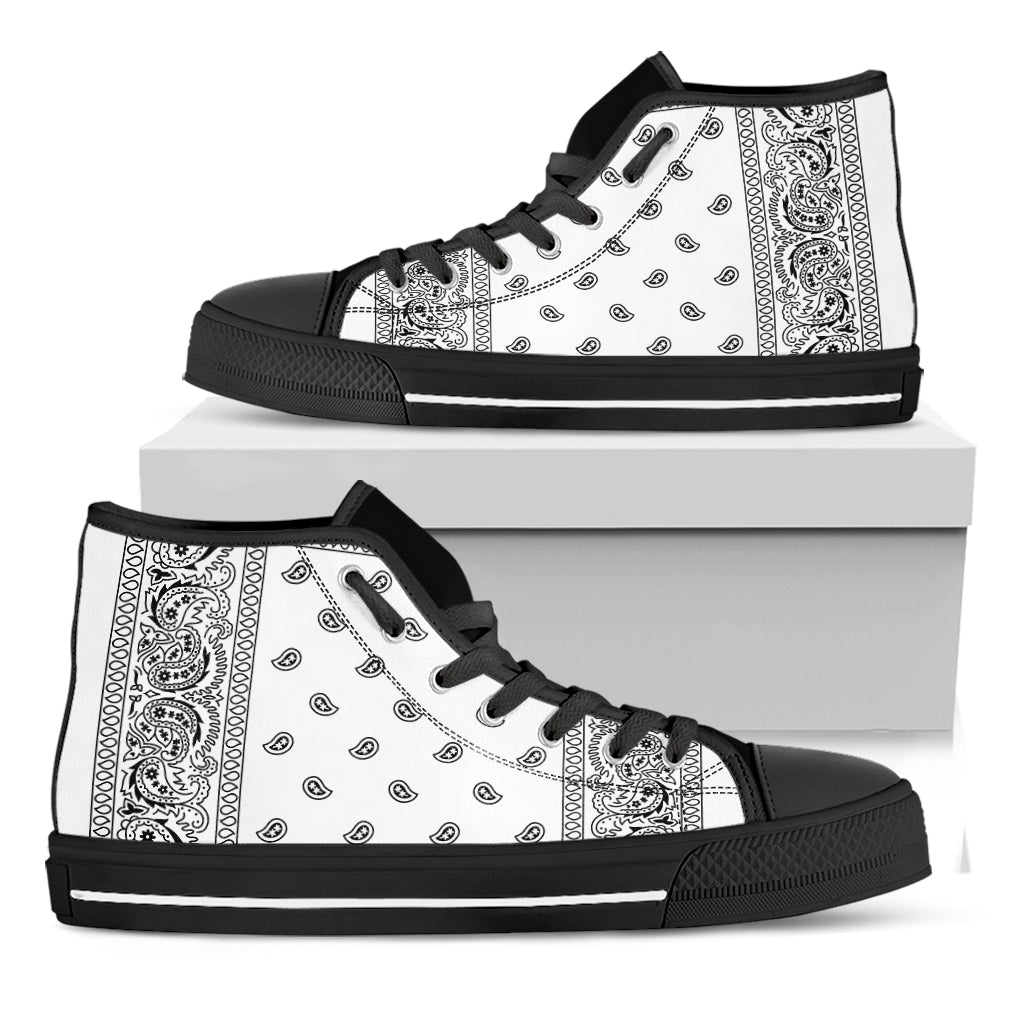 White And Black Paisley Bandana Print Black High Top Shoes