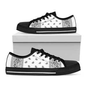 White And Black Paisley Bandana Print Black Low Top Shoes 