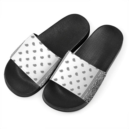 White And Black Paisley Bandana Print Black Slide Sandals