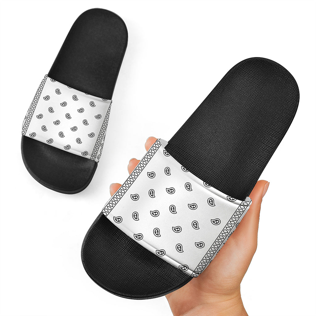 White And Black Paisley Bandana Print Black Slide Sandals