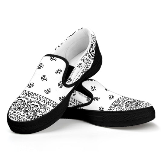 White And Black Paisley Bandana Print Black Slip On Shoes