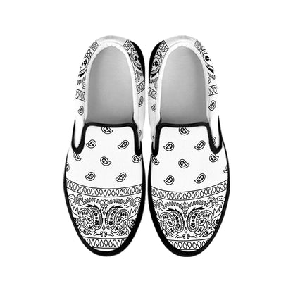 White And Black Paisley Bandana Print Black Slip On Shoes