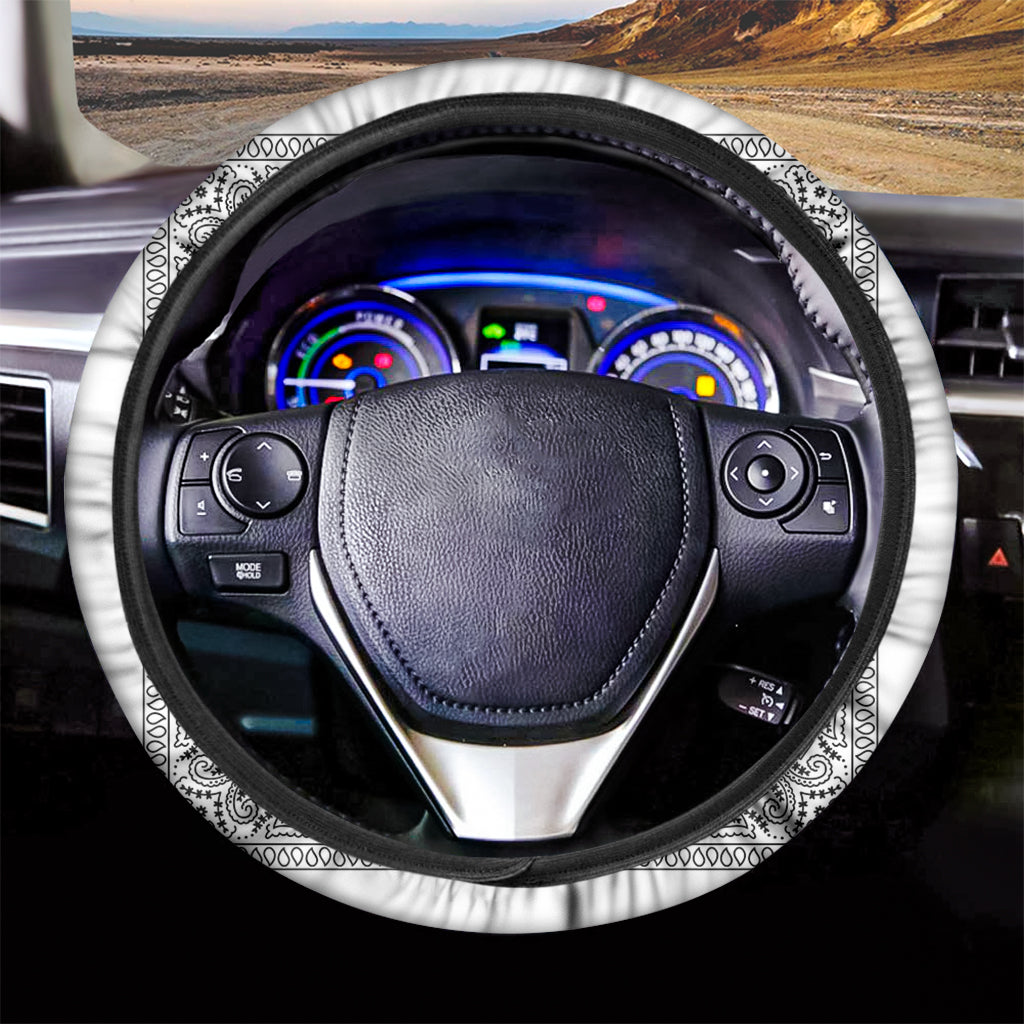 White And Black Paisley Bandana Print Car Steering Wheel Cover