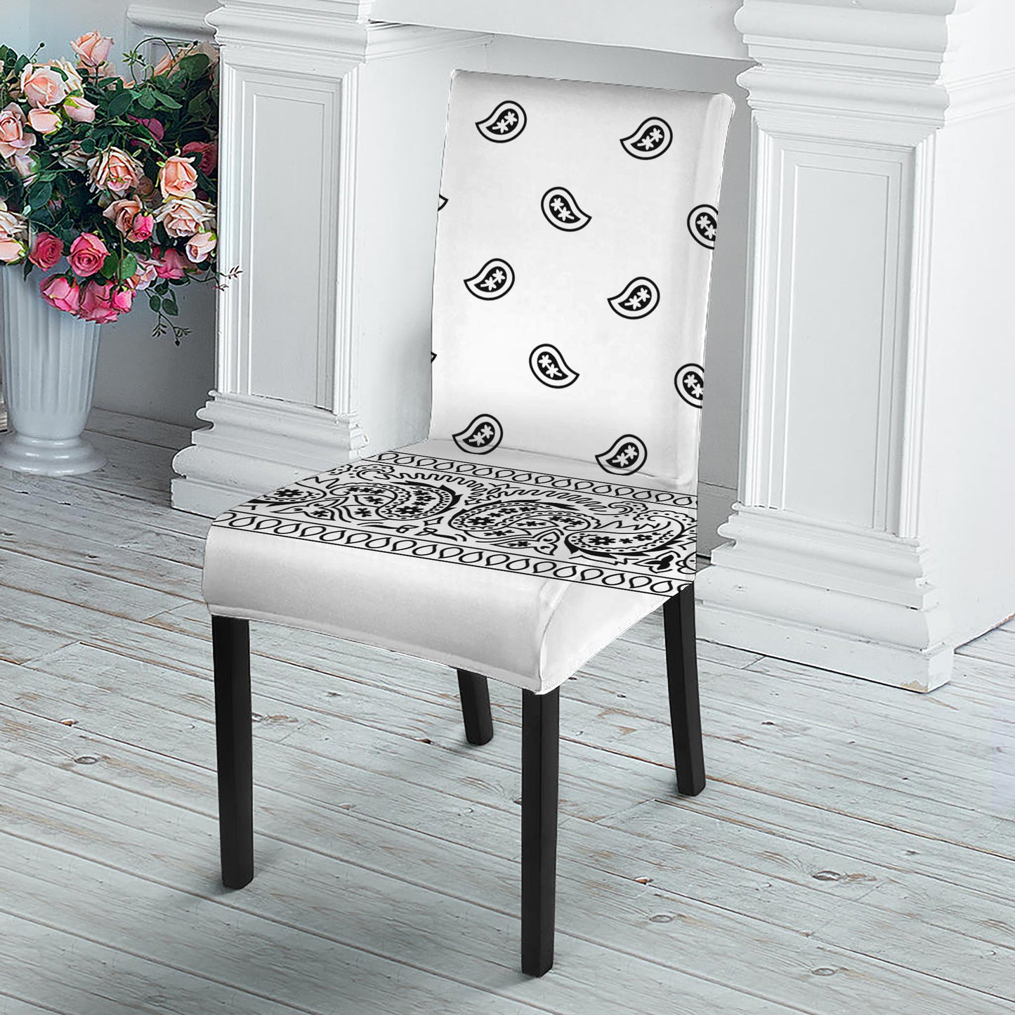 White And Black Paisley Bandana Print Dining Chair Slipcover