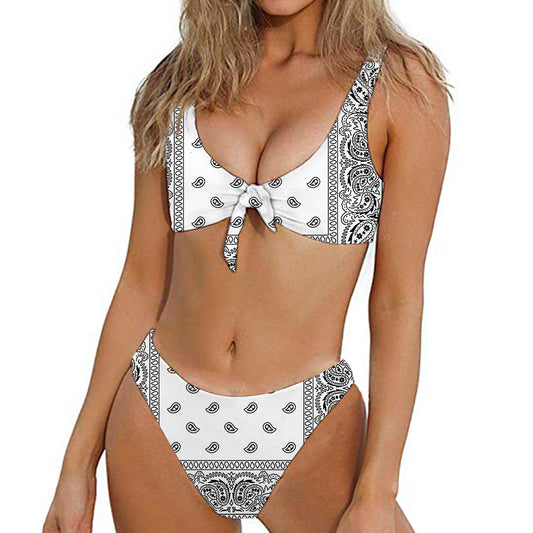 White And Black Paisley Bandana Print Front Bow Tie Bikini