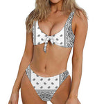 White And Black Paisley Bandana Print Front Bow Tie Bikini