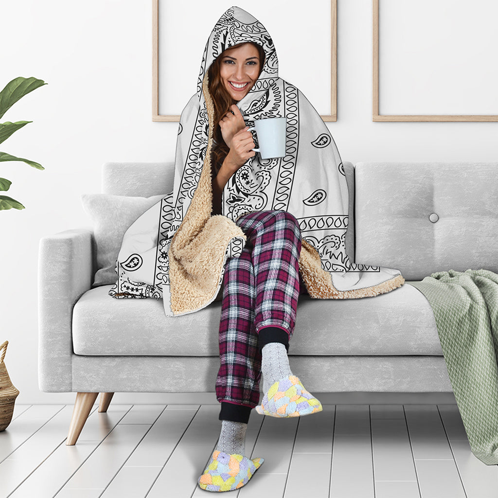 White And Black Paisley Bandana Print Hooded Blanket