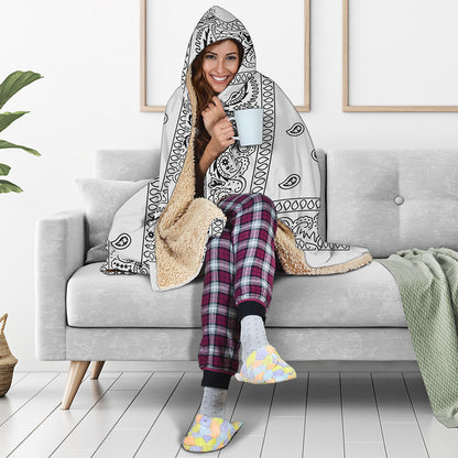 White And Black Paisley Bandana Print Hooded Blanket